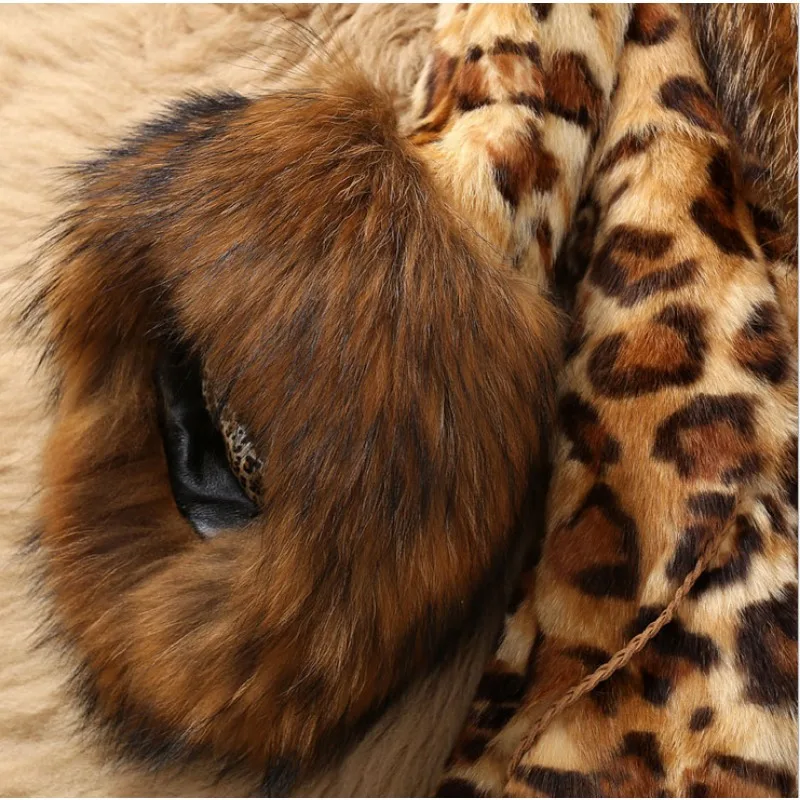 Autumn and Winter New Faux Fur Coat with Large Fur Collar Leopard Print Medium Length Women's Fur Coat Raccoon Dog