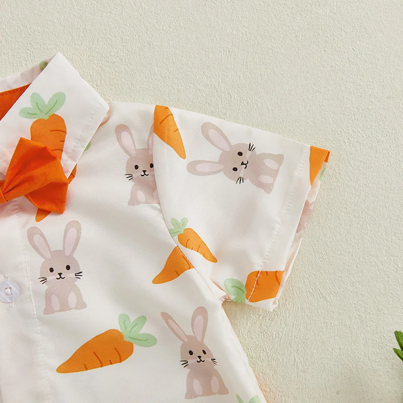 0-18Months Newborn Baby Boy Easter Romper Bunny Print Short Sleeve Lapel Neck Bodysuit with Bowtie Cute Spring Summer Clothes