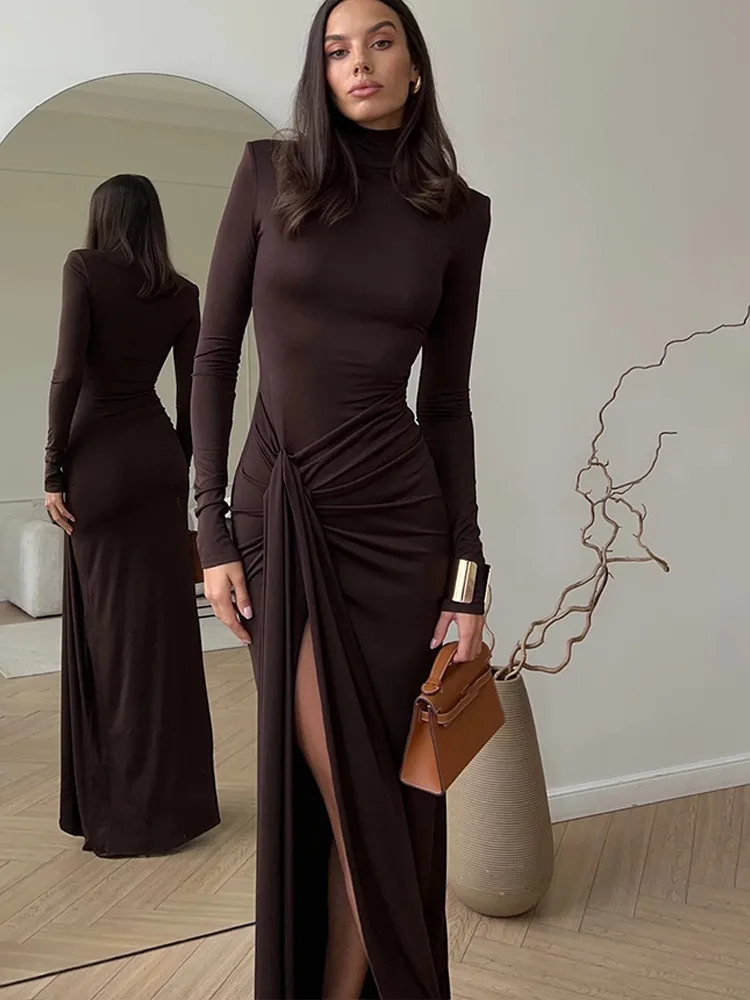 Elegant Long Sleeve Bodycon Party Club Women Evening Dress Autumn/Winter Height Split Elastic Tight women dress