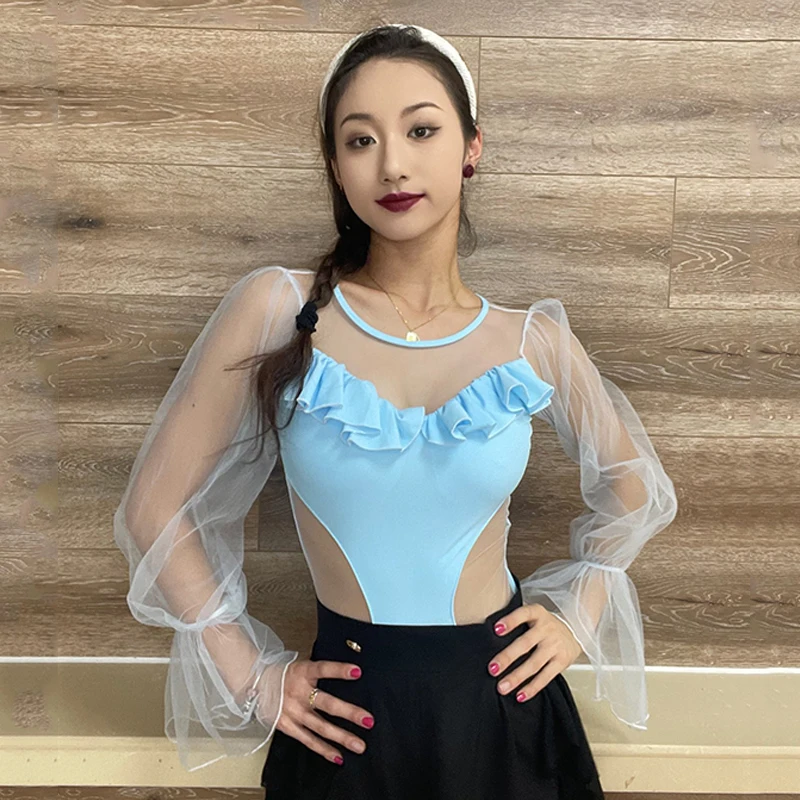 

Топ женский для латиноамериканских танцев, пикантная одежда для бальных танцев, с сетчатыми рукавами, костюм для тренировок и представлений, DNV18439