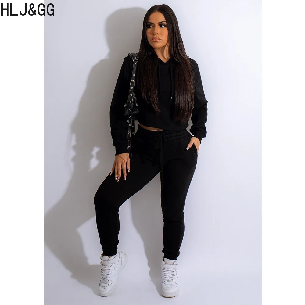 HLJ&GG Autumn Winter Casual Solid Hooded Two Piece Sets Women Long Sleeve Crop Top And Jogger Pants Tracksuits Female Outfits