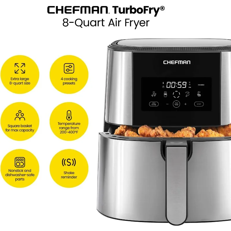 Chefman TurboFry&reg; Touch Air Fryer, XL 8-Qt Family Size, One-Touch Digital Control Presets, French Fries, Chicken, Meat, Fish