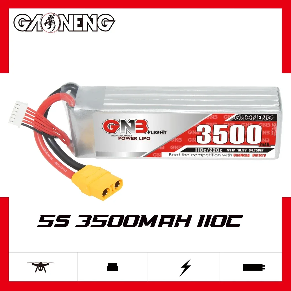 

GAONENG GNB 3500mAh 5S 110C 220C 18.5V XT90 LiPo Battery 7 inch 300mm-380mm FPV FMS 70mm EDF Jets and 1400mm 3D Plane