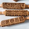 1 pcs Wooden Christmas Rolling Pin with Reindeer Flower Patterns for Kitchen Pastry,DIY Baking Tools Embossed 3D Cookie Mold