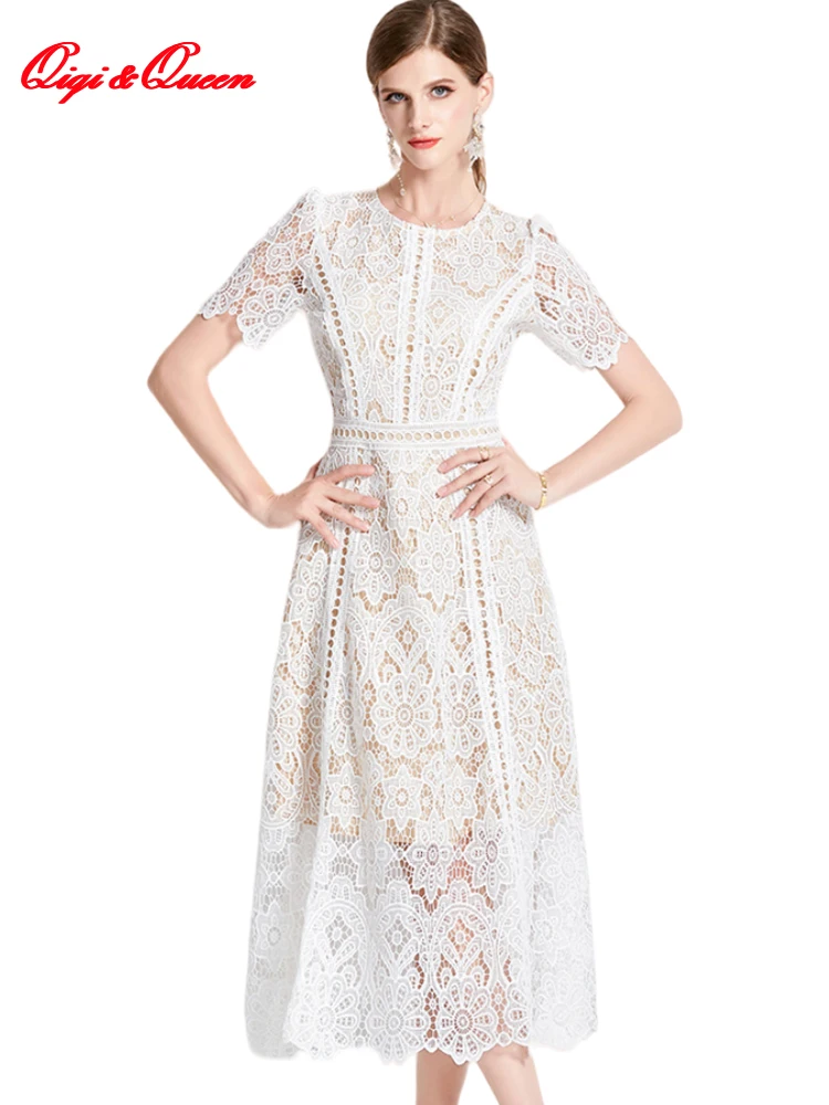 

Qiqi&queen 2023 Summer Women Simple Hollow Out Vintage Long Dresses Office Party Casual Dress Elegant O-Neck Chic A-Line Vestido