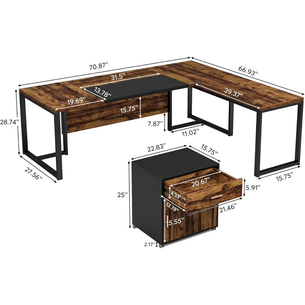 70.8-Inch Executive Desk with File Cabinet, Large L Shaped Computer Desk with Storage Cabinet, L Shaped Desk with Drawer Cabinet 2