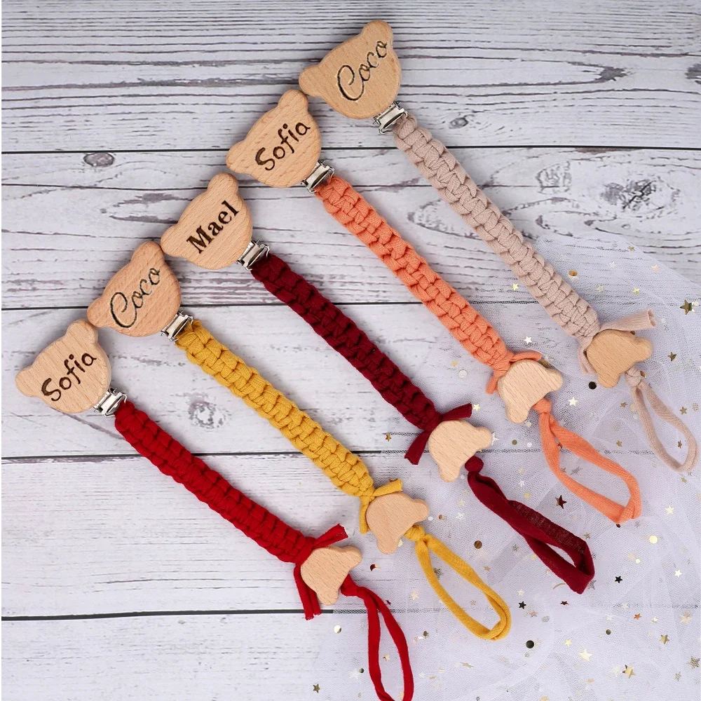 Pacifier chain Name Wooden Personalized Baby Pacifier Chain Braided Weave Dummy Nipple Holder Guard Teether Pendant Newborn Gift Stuff
