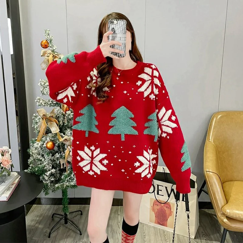 

Christmas Day Red Sweater Women's Autumn and Winter New Slouchy Style Thickened Knitwear Top X171