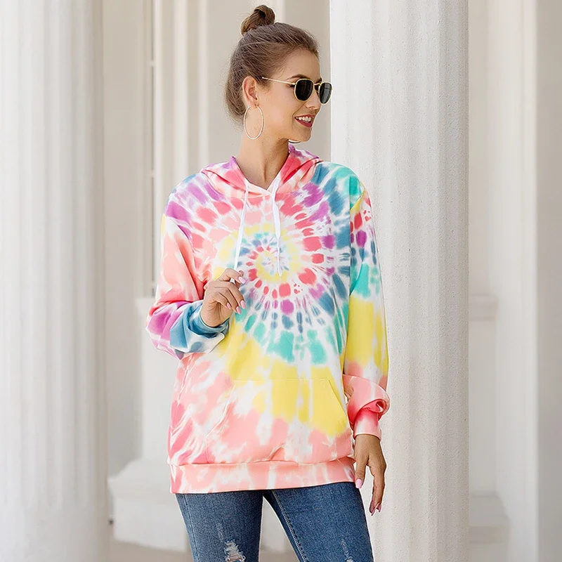 Tie-Dye Pullovers Women Multicolors Printed Draw String Sweatshirts 2024 Spring Fall Fashion Hoodies Simple Streetwear Oversized