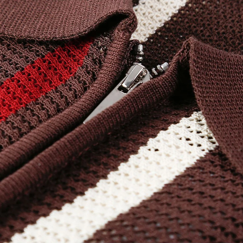 Stylish Mens Knitting Mesh Polo Shirts 2025 Summer Casual Hollow Out Knitted Polo Shirt Men Vintage Striped Lapel Zipper Polos 16 S86073468fbb64e4982acb3b8ba37c528L