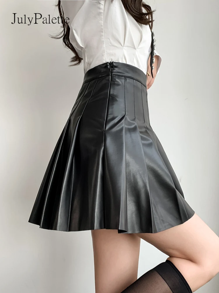 JulyPalette Spring Summer Pleated Leather Skirts Women A-line Short Skirts  2023 Streetwear High Waist Female Faux Leather Skirts