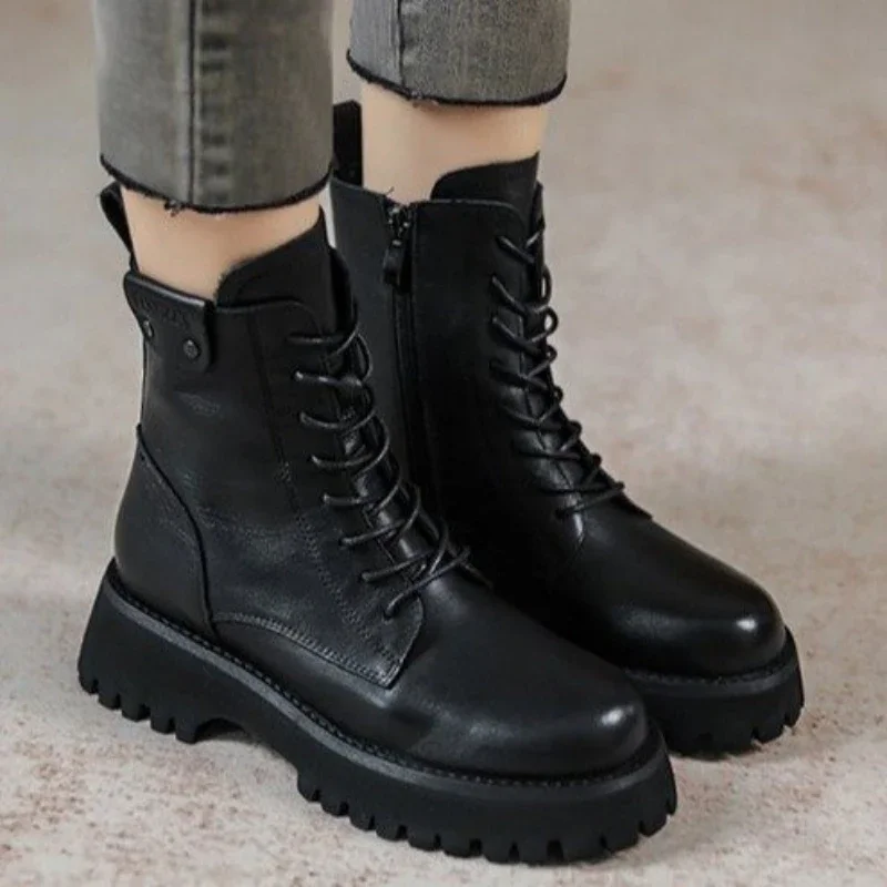 Trend Brand Lace Up Ankle Boots Round Toe Platform Shoes Woman