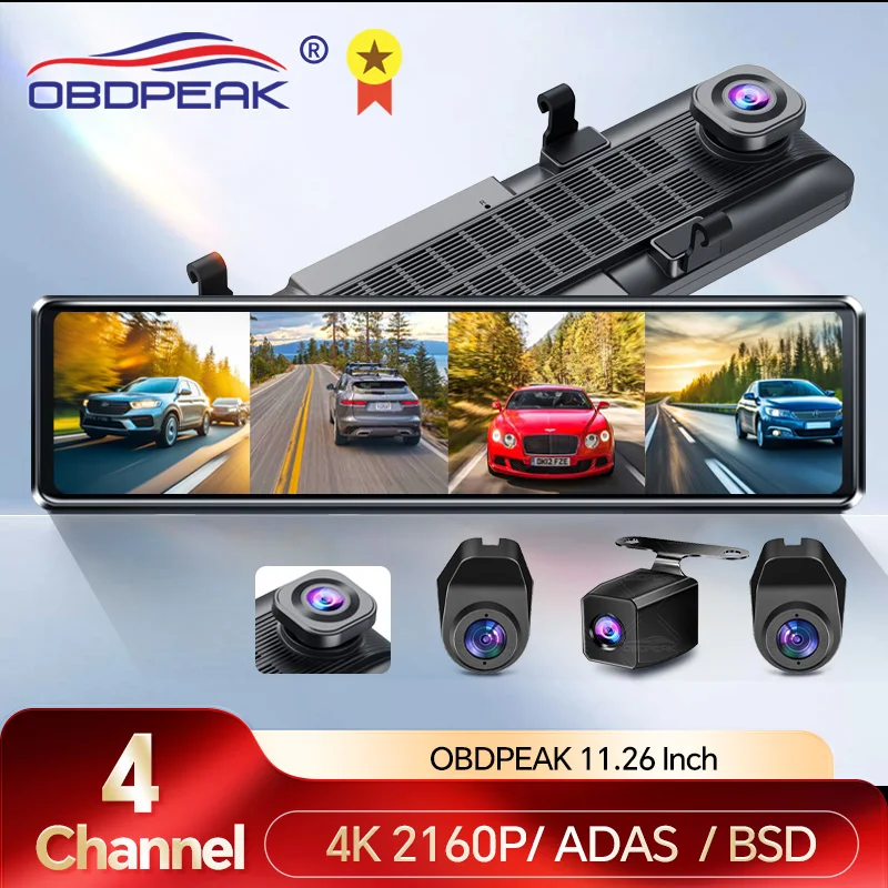 OBDPEAK A8 4CH Dash Cam Inch 4K WIFI Rear View Mirror