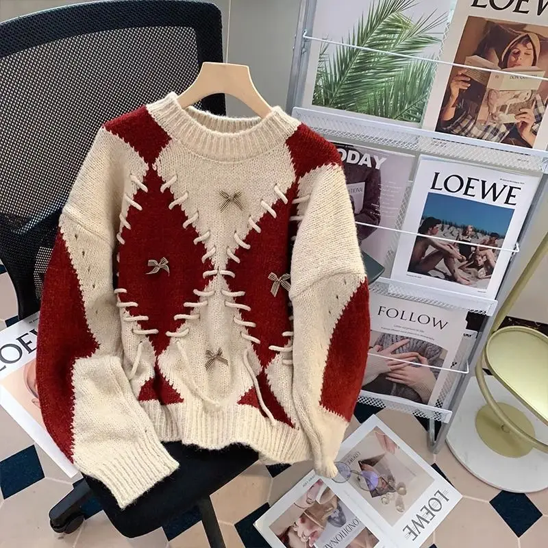 

Женский вязаный пуловер в ретро стиле, простой свободный свитер в стиле пэчворк со стразами и сеткой, Осень-зима 2023