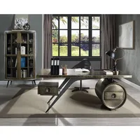 Brancaster Bronze Aluminum & Oak Finish Writing Desk with USB Port, Two USB-A Ports, and Two Standard Plugs,Computer Desks 1