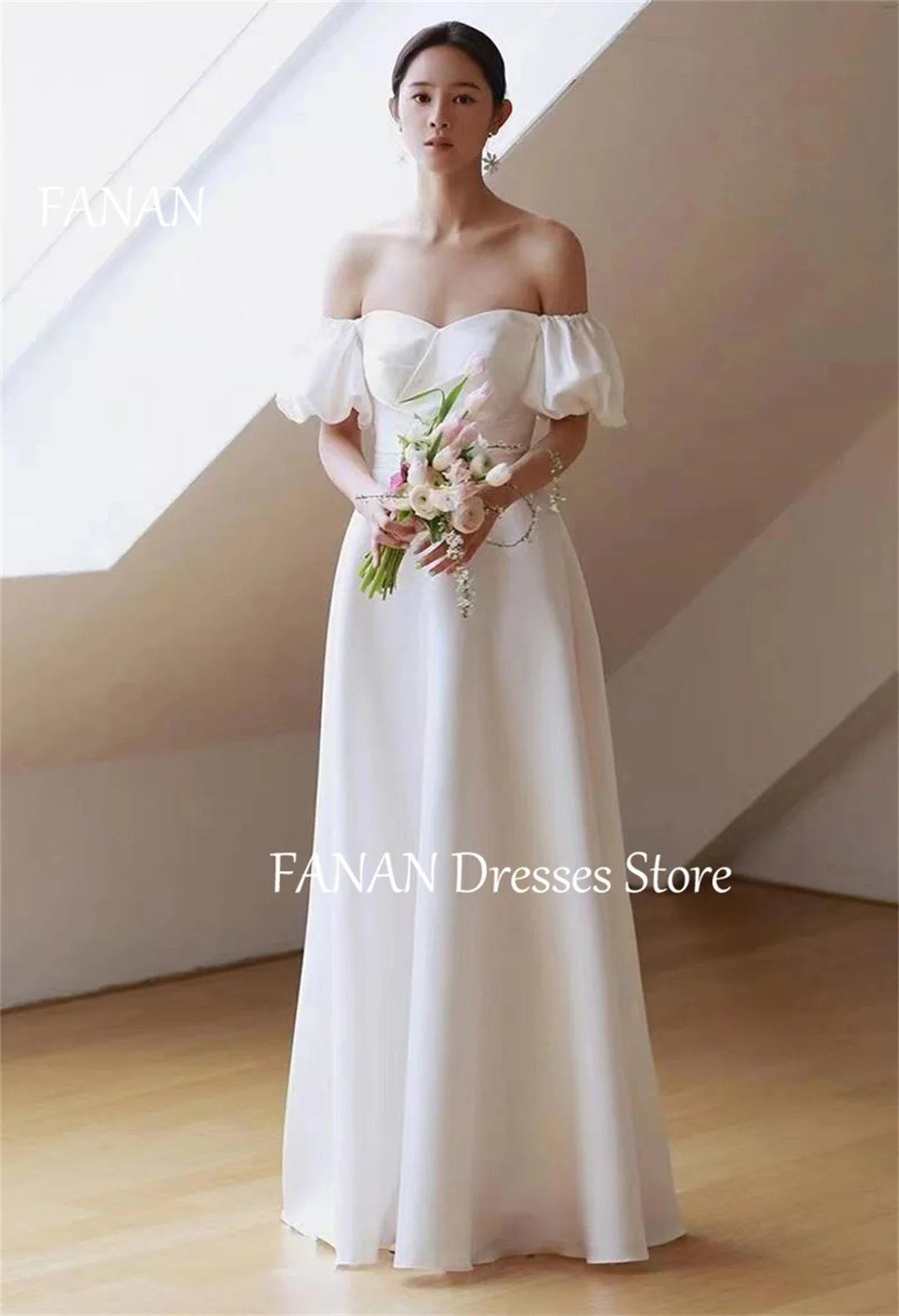 

FANAN Korea Off the Shoulder Wedding Dresses A-Line 웨딩드레스 Ivory Short Sleeves Satin Custom Made Vintage Bride Gowns Plus Size
