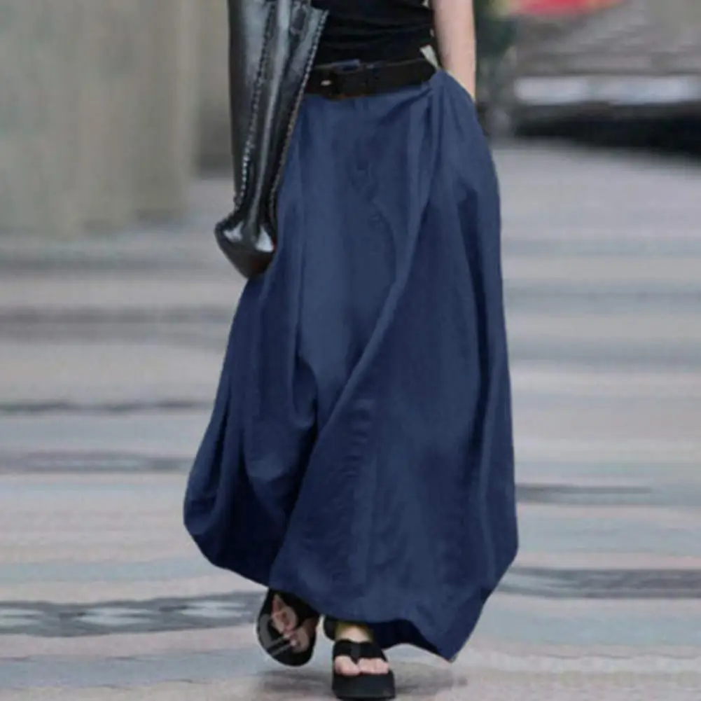 

Comfortable Maxi Skirt Elastic Waist A-line Maxi Skirt with Button Fly Swing Hem Solid Color Long Dance Skirt for Women