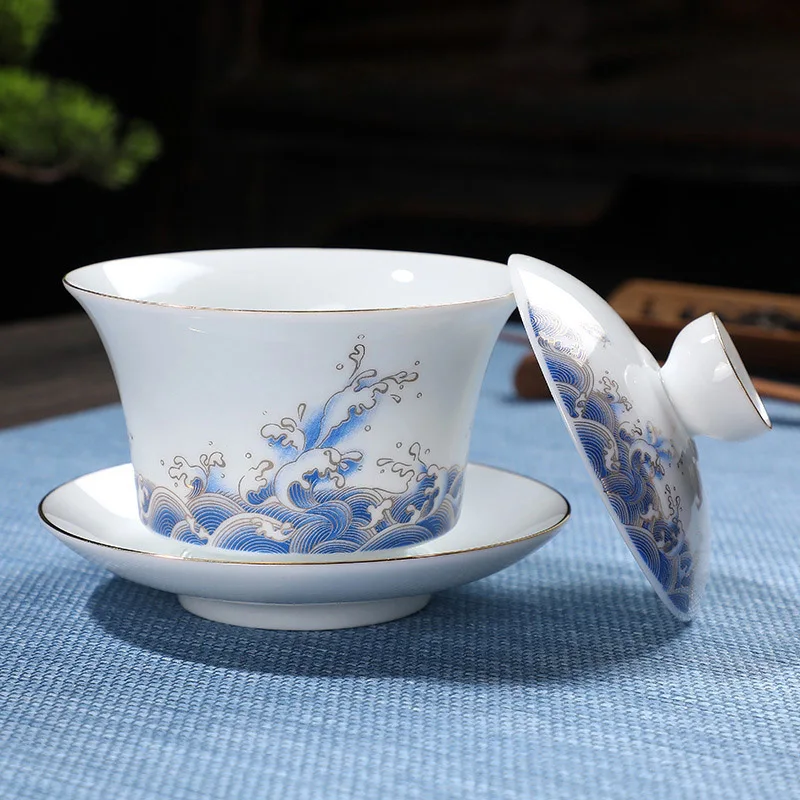 180ml White Porcelain Hand Painted Gold Tea Tureen Clay Gaiwan for Tea Bowl Shen Puer Soup With Lid Gai Wan Gaiwan and Cup Cups