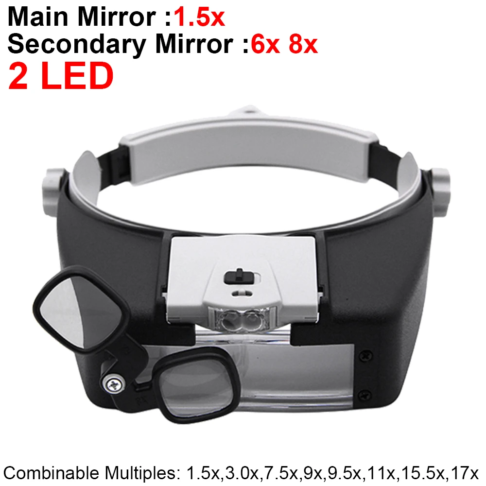 Headband Magnifier with 2LED Light Wearable Magnifier Adjustable Headband  1.5X 1.5X 6X 8X Magnifier For Reading Watch Repair - AliExpress