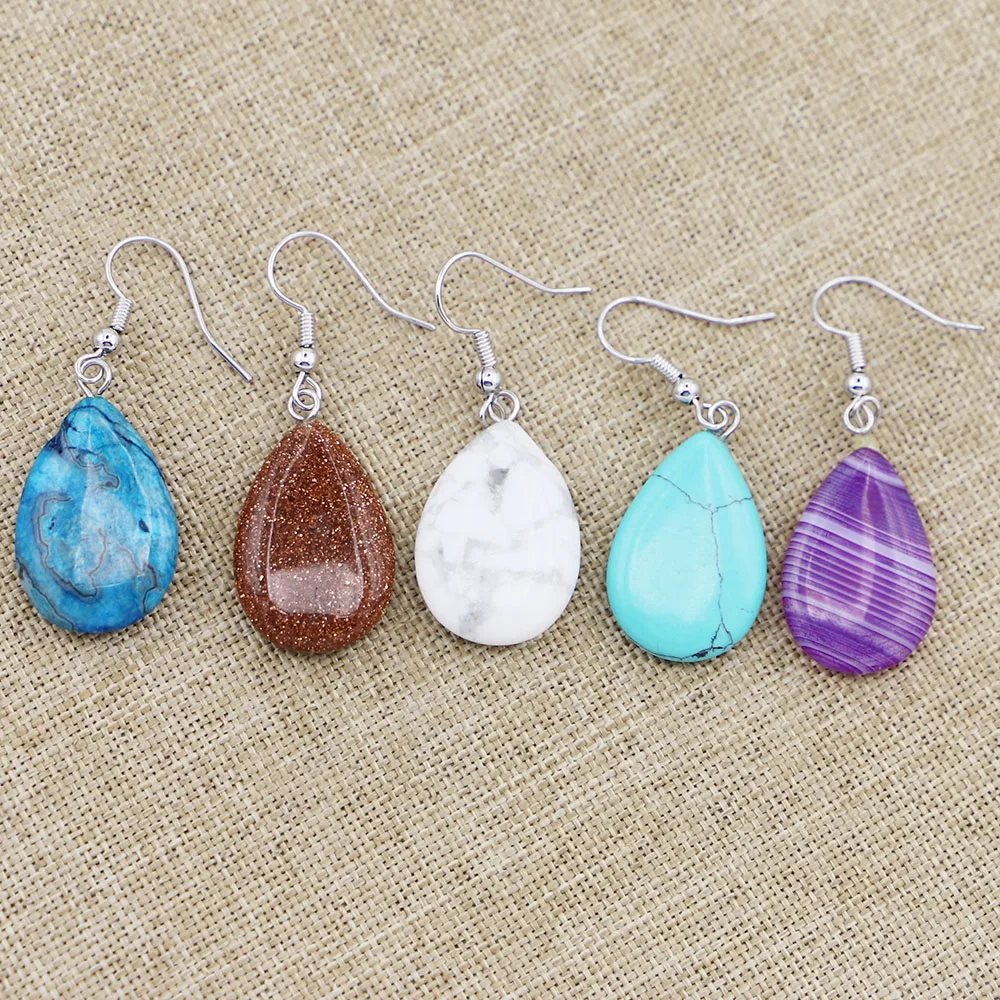 Natural Stone Flat Water Drop Earrings Pendant Rose Quartz Opal Crystal Agate Dangle Women Party Wedding Jewelry 6Pair Wholesale