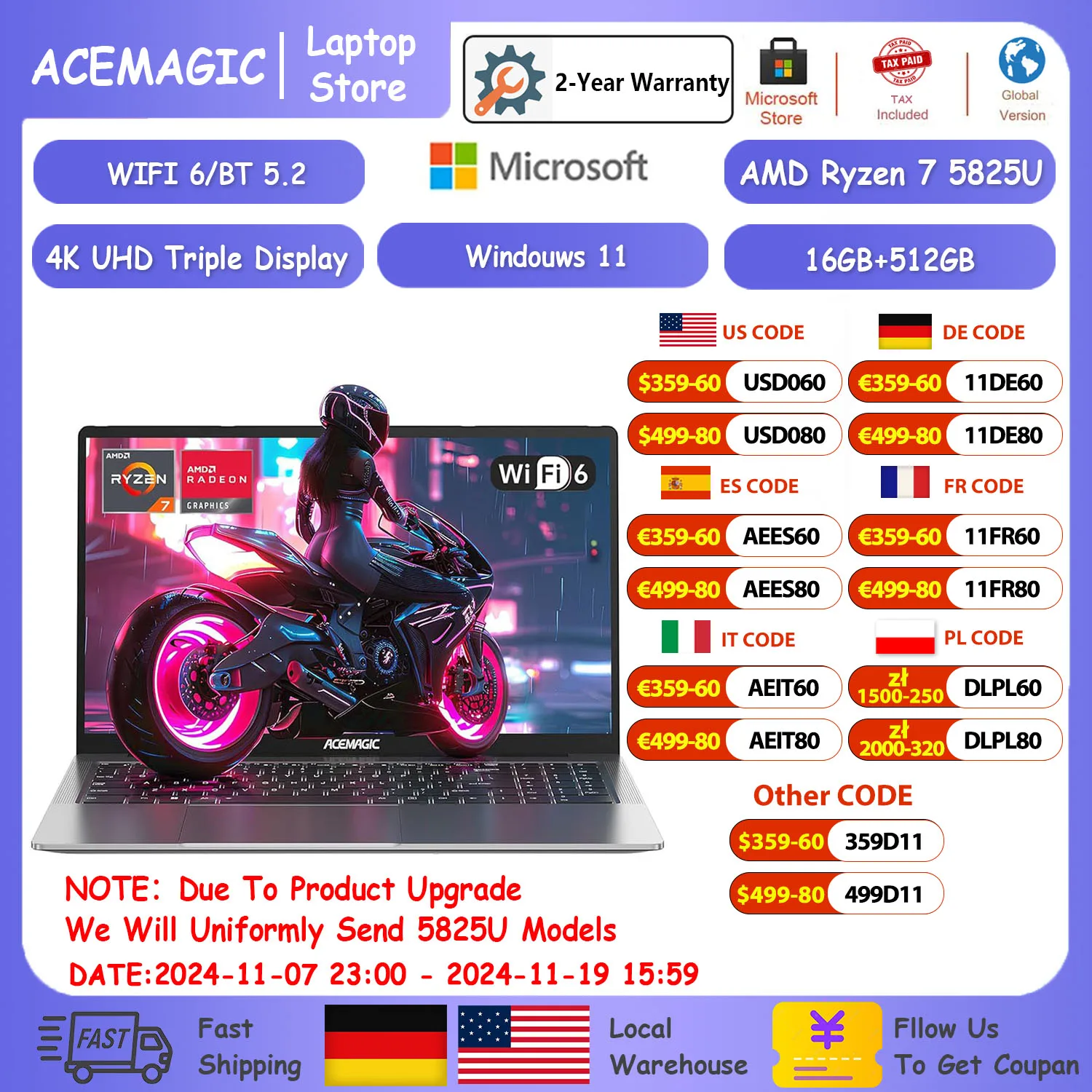 Notebook Laptop ACEMAGIC AX16Pro Gaming Laptop 16.1" AMD Ryzen&trade; 7 5700U Windows 11