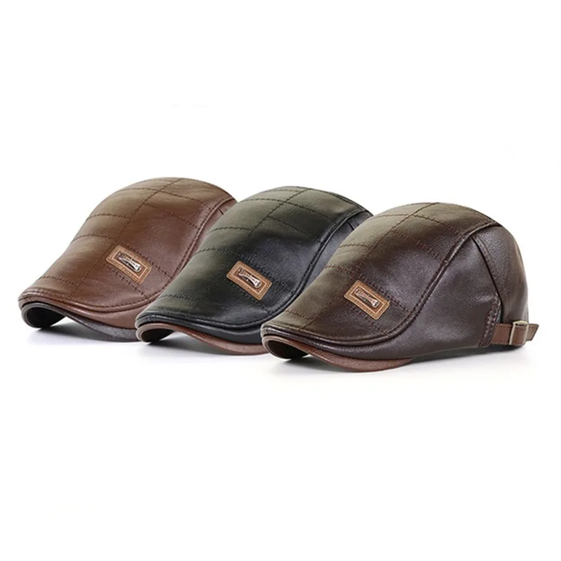 Leather Newsboy Cap Men Berets Duckbill Visor Hat Winter Autumn Windproof Flat Caps Retro England Hat Men Peaked Painter Caps