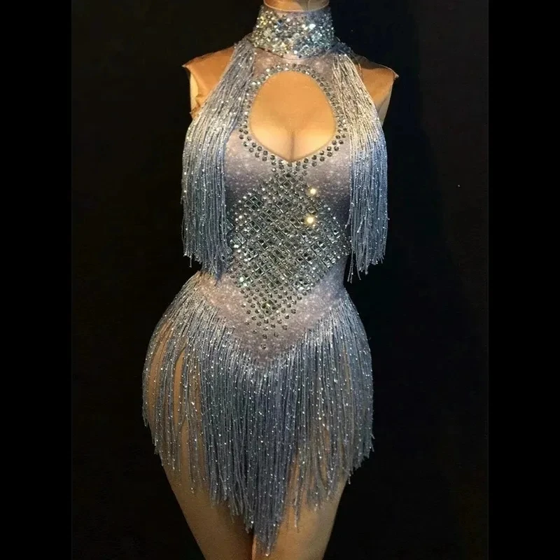 5 Couleur Costume Nightclub Bodysuit Rave Outfit Sparkly Rhinestones Tassel Stretch Sleeveless Women Show Leotard dance dress rhinestones dress women costume set