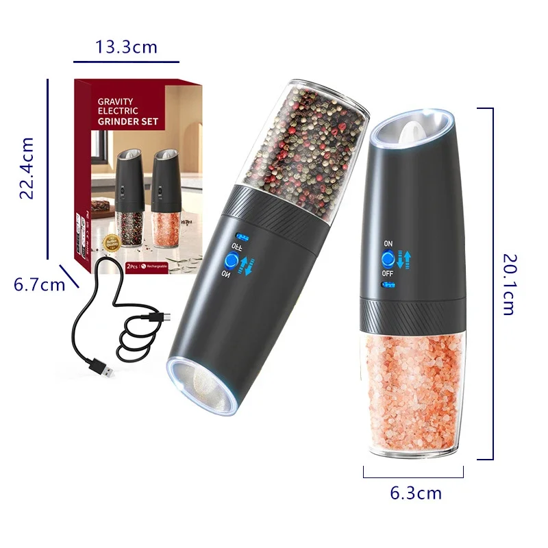 2Pcs Electric Automatic Mills Gravity Sensing Salt and Pepper Grinder Adjustable Coarseness Pepper Spice Grinder with Led Light