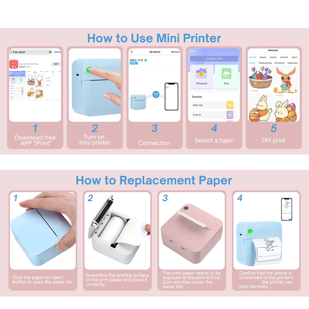 Wireless Mini Portable Thermal Printer with Color Rolls of Paper - Print Pictures, Photos, Labels, Text, To-Do Lists57*25mm