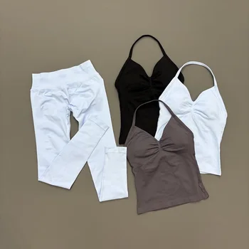 2 Piece HISTELLO Sports Gym Set Women Longline Strappy Vest Seamless Yoga Top High Stretch Leggings Fitness Running Workout Suit