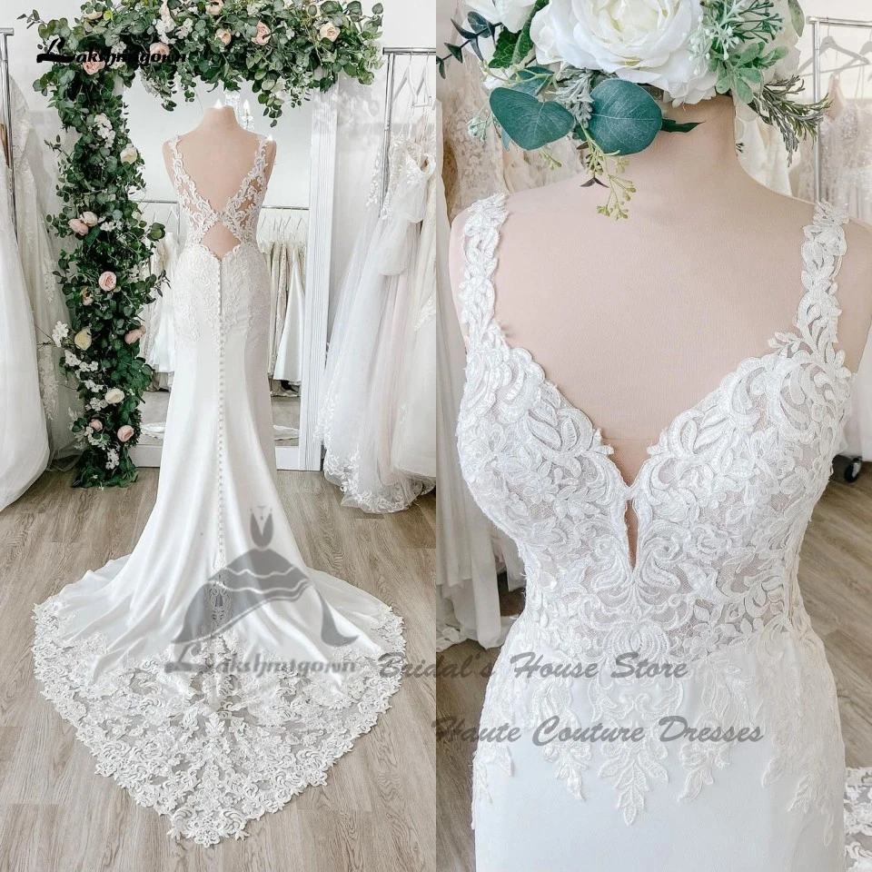 

Lakshmigown скромные Женские свадебные платья из крепа русалки Лето 2024 сексуальные пляжные свадебные платья кружевные аппликации