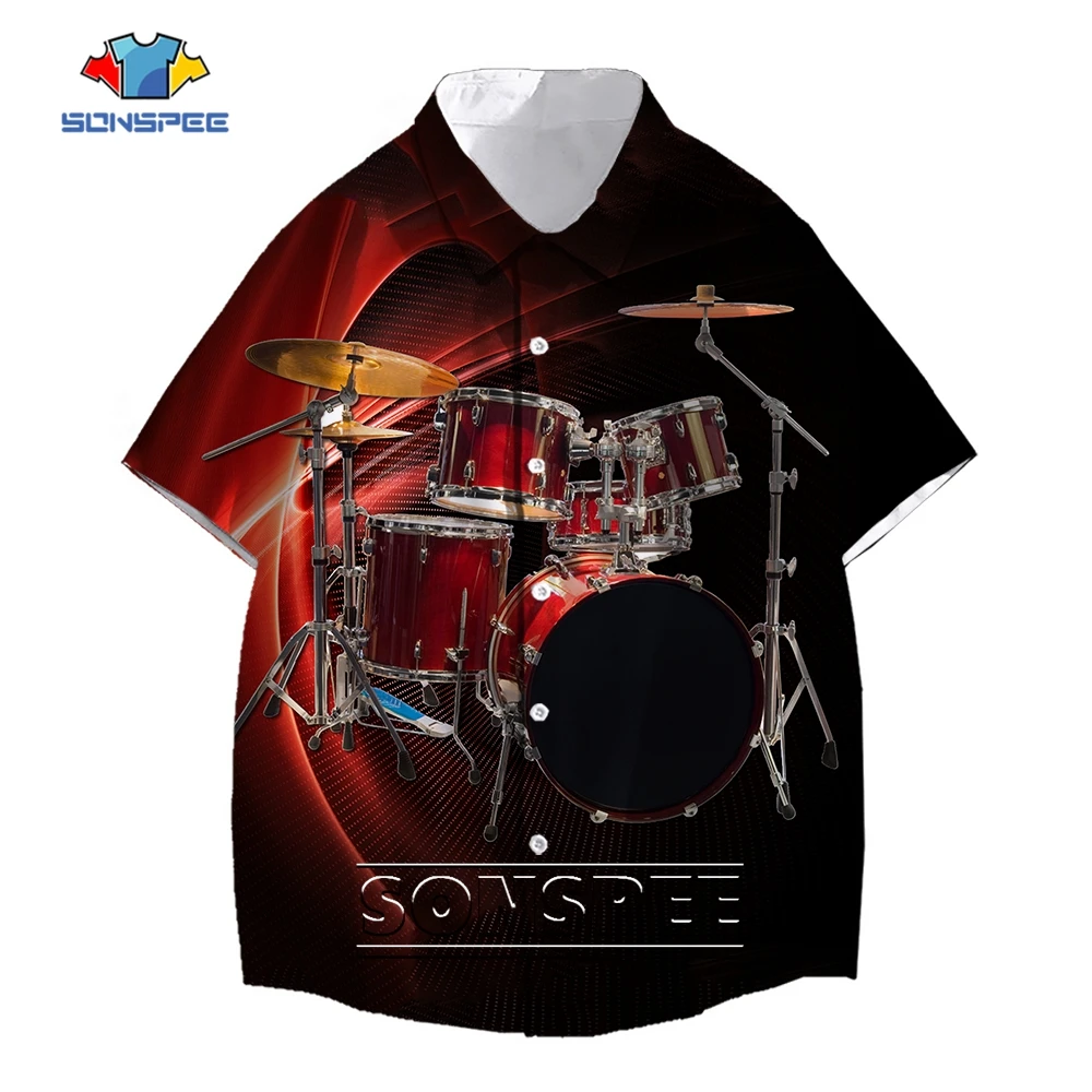 SONSPEE Hip Hop Bass Drum Set Funny 3D Print Hawaiian Shirt Men Women Music Style Hip-Hop Tops Short Sleeve Oversize Blousers