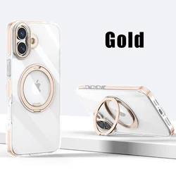 HD Transparent Magnetic Stand Phone Case with Airbag Protection and Metal Lens Shockproof Cover for iPhone 14 (Gold)