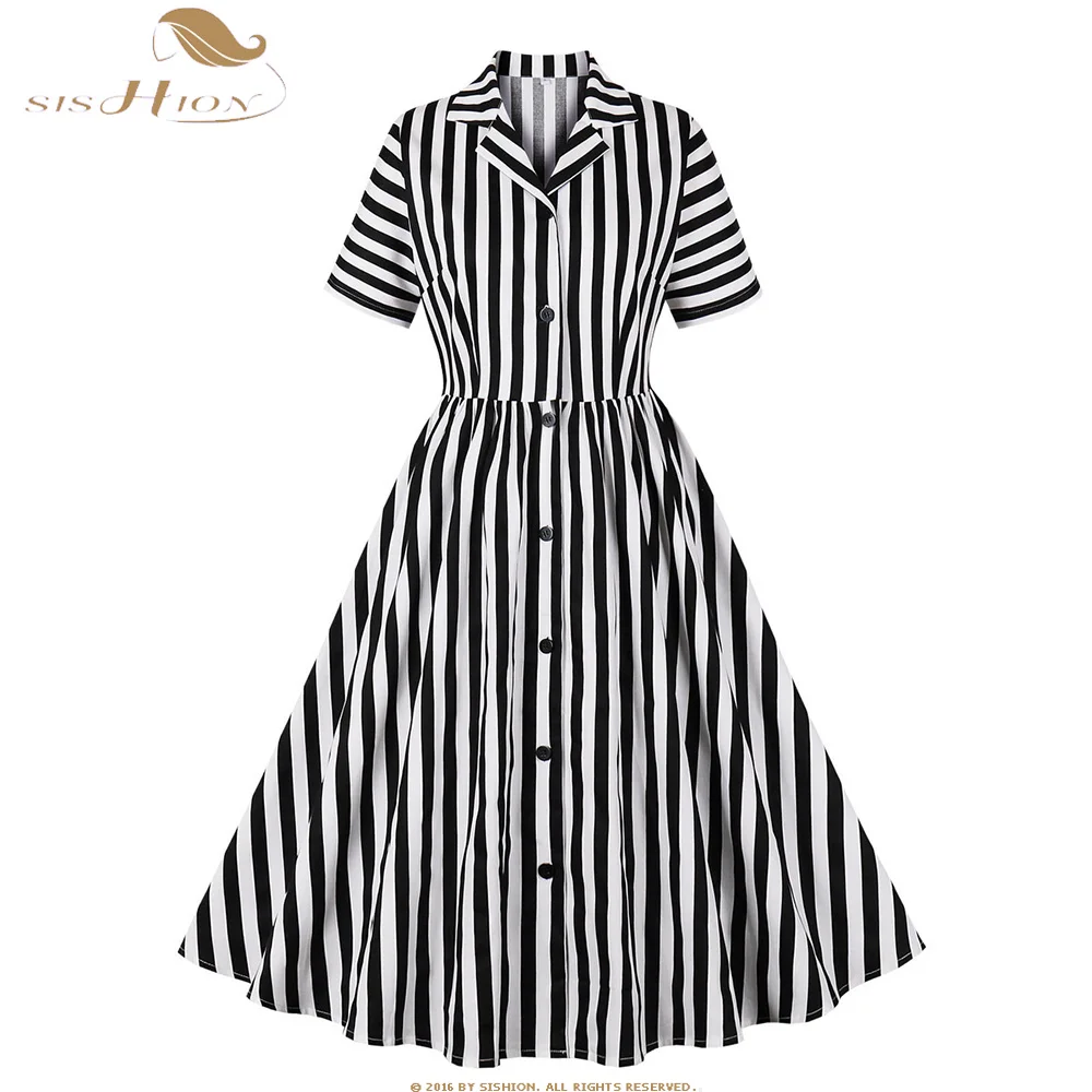 

Black Striped Print Vintage Shirt Party Dress Turn Down Collar Casual Retro Cotton Tunic Midi 50s 60s Runway Dresses SR1335