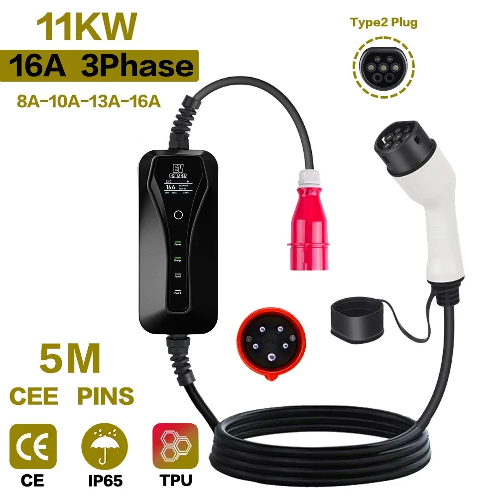 11KW 16A Portable EV Charger Type2 Adjustable Current Reservation Time Charging Box CEE Plug IEC62196-2 Electric Vehicle Charger khons evse type 2 electric vehicle ev charger with schuko plug adapters 16a adjustable 5m cable portable level 2 fast charging