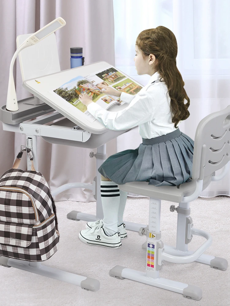 70CM-Lifting-Table-Top-Can-Tilt-Children-Learning-Table-And-Chair-Grey ...