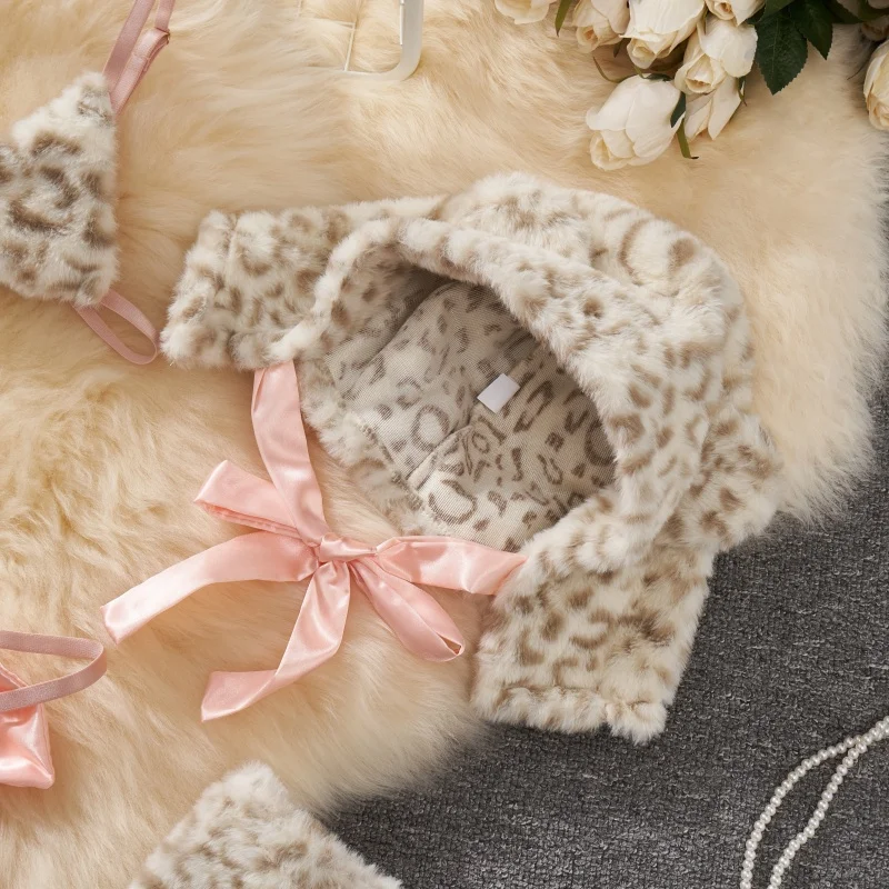 Leopard Sexy Lingerie Top Cute Suit Tiger Plush Woman Lace-up Bow Cosplay Matching Sets Strap Hat Trend Y2K Hotsweet Clothes New