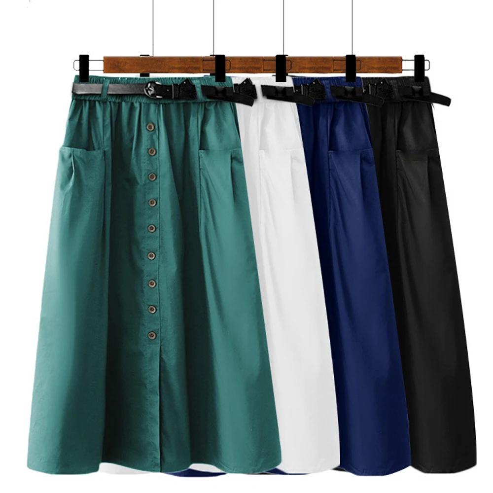 

Women's Water Wash Cotton Skirt Versatile High Waist Single Breasted Split Umbrella Skirt Midi Long Green A-line Skirt RS1093