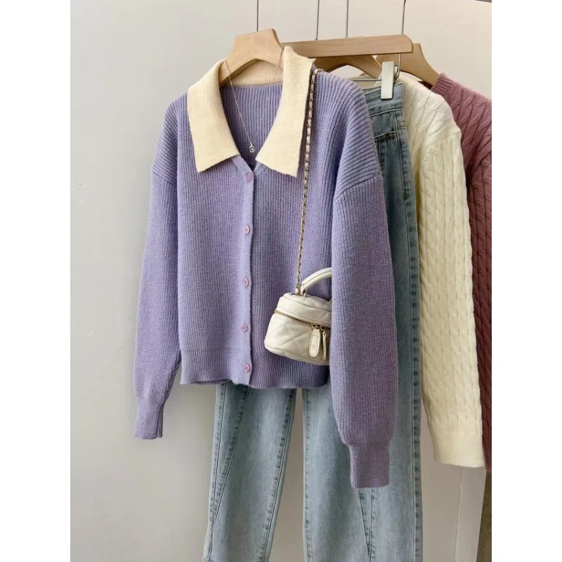

Women's Korean Temperament Purple Patchwork V-neck Small Lapel Knitted Cardigan 2023 Autumn Winter Harajuku Lantern Sleeve Top