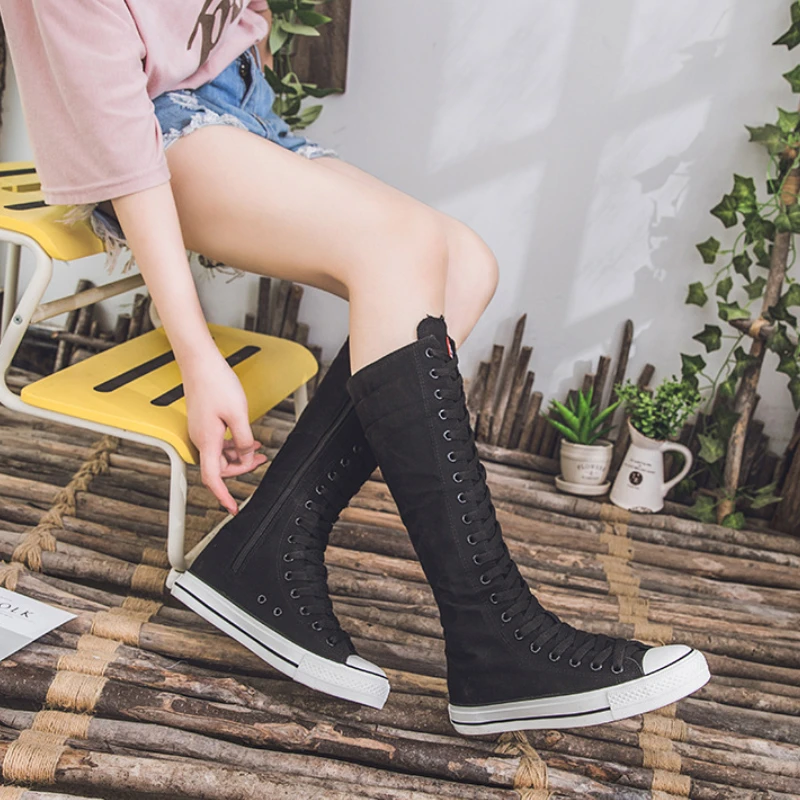 High Top Women's Canvas Shoes Knee High Boots Side Zipper Flats Vulcanized  Shoes Lace-Up Comfortable Platform Sneakers Female - AliExpress