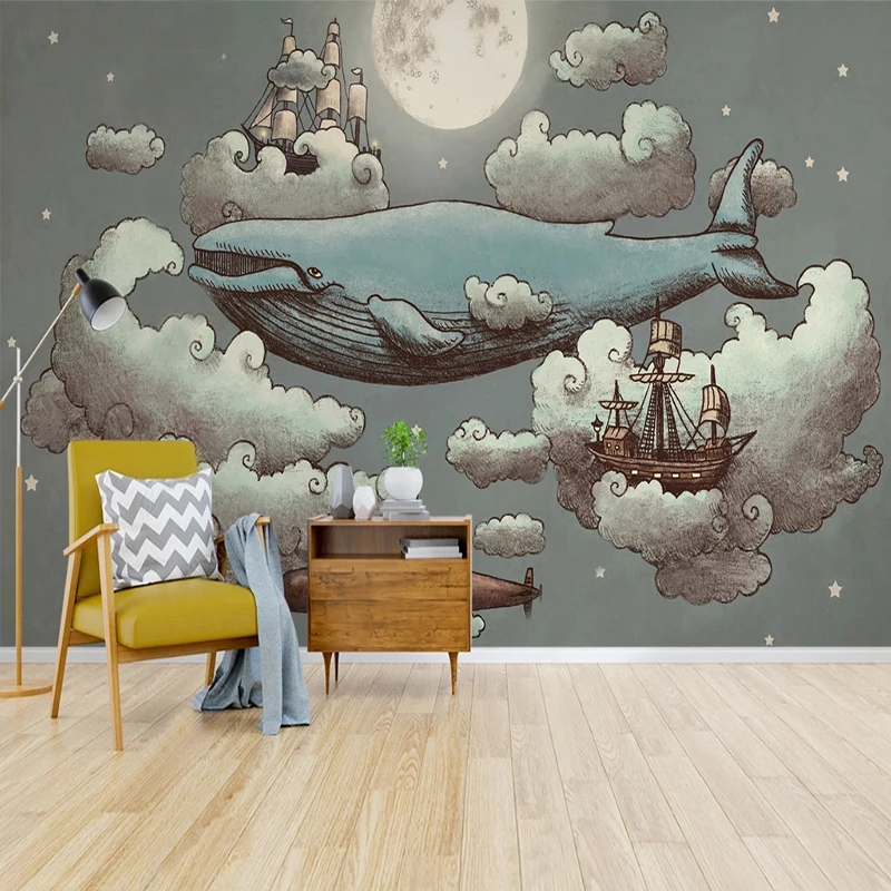 Nordic Creative 3d Papel de Parede para Quarto Infantil Foto Mural de Parede Aquarela Fairy Tale Navio Mundial Baleia Personalizado