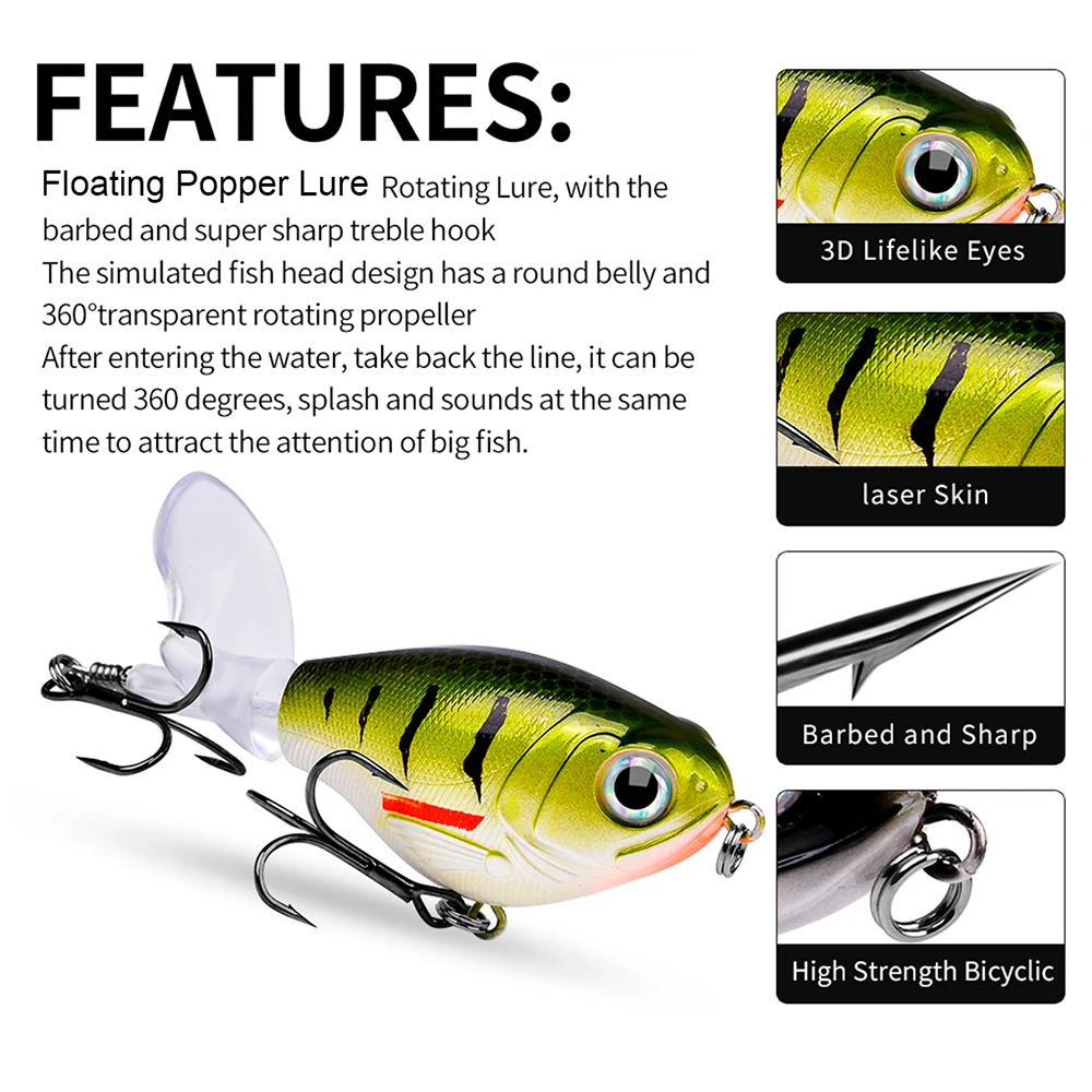 Whopper Popper Topwater Fishing Lure - Premium Artificial Hard Bait with Rotating Soft Tail