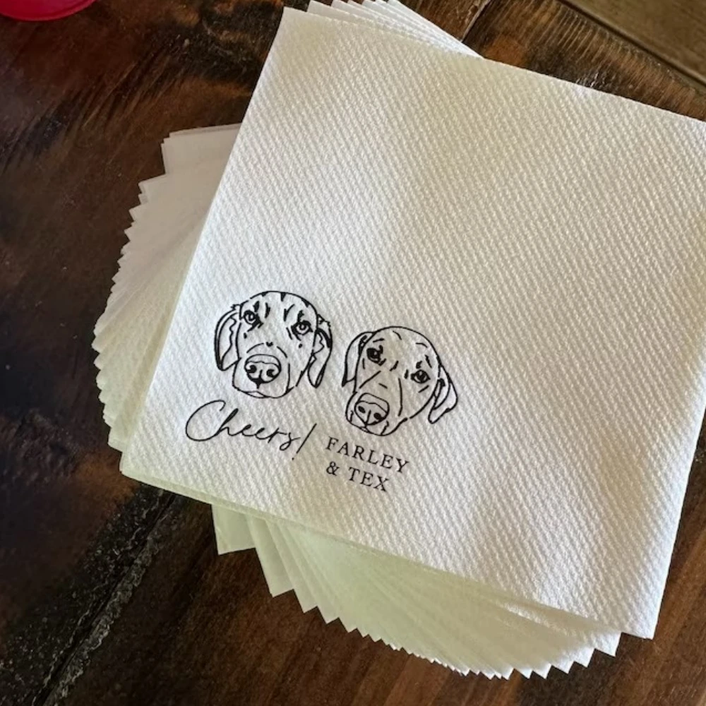 

50Pcs Custom Illustrated Dog Wedding Napkins, Custom Pet Napkins,Bridal Shower, Engagement Party, Anniversary Monogram Napkins