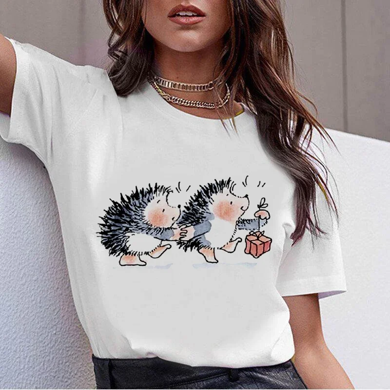 

2024 Women Happy Hedgehog Graphic Harajuku Tshirt Short Sleeve T Shirt Women Cute Funny Girls Tee Tops