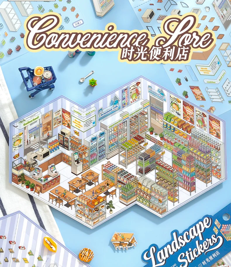 JIAMEI Kawaii 3D Miniatur Szene Store Management 2.0 Cartoon Hütte Landschaft Aufkleber DIY handgemachte Stapeln Scrapbook Aufkleber – Detail 10