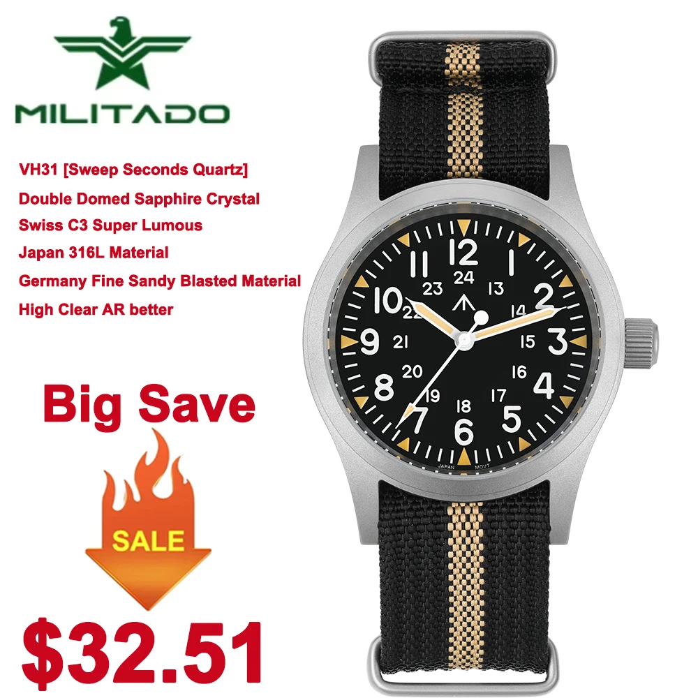 Militado ML05 38mm Military Field Watch VH31 Sweep Quartz