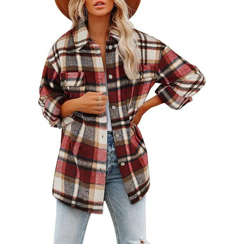 2023 New Autumn and Winter Fashion Polo Collar Plaid Flannel Long Sleeve Temperament Commuter Women's Loose and Unique Coat