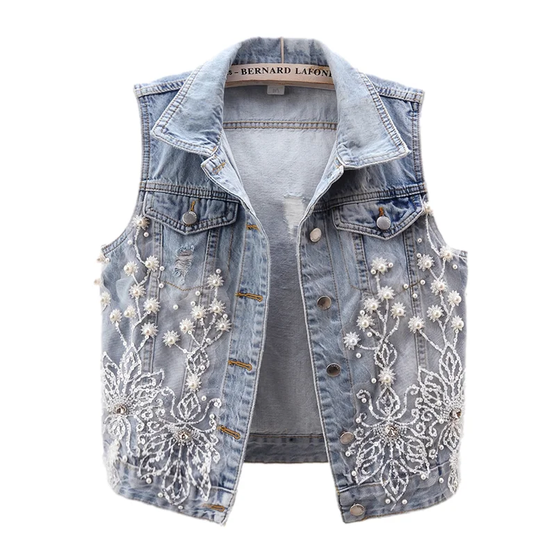 Light Blue Holes Pocket Denim Vest Women Waistcoat Slim Short Casual