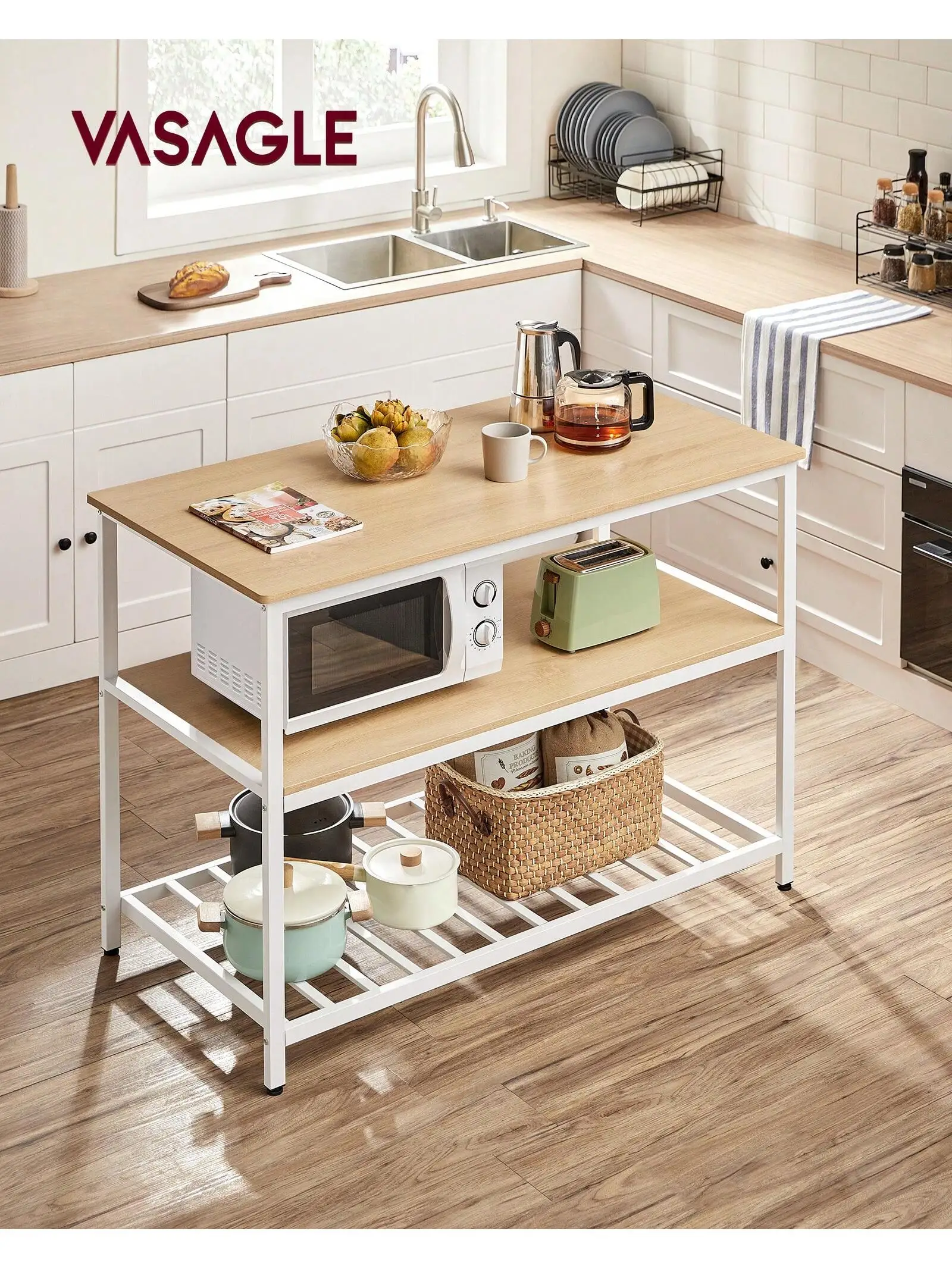 VASAGLE Kitchen Island with 3 Shelves, 47.2 Inches Width Kitchen Shelf with Large Worktop, Stable Steel Structure, Industrial 2