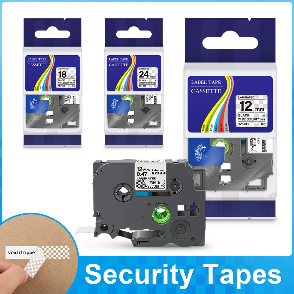 

12/18/24mm Security Label Tape SE4 Replace for Brother SE4 SE3 SE5 Printer Ribbon Black on White for Brother P-Touch Label Maker